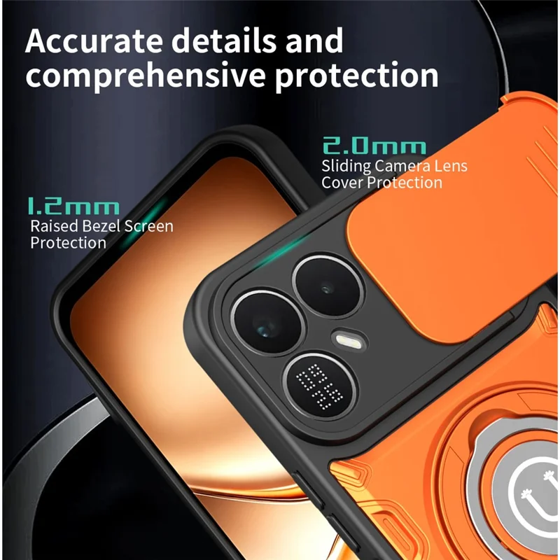 Чехол для TECNO Pova 8 5G с выдвижной крышкой камеры, кольцом-подставкой, корпусом из поликарбоната и ТПУ — Оранжевый