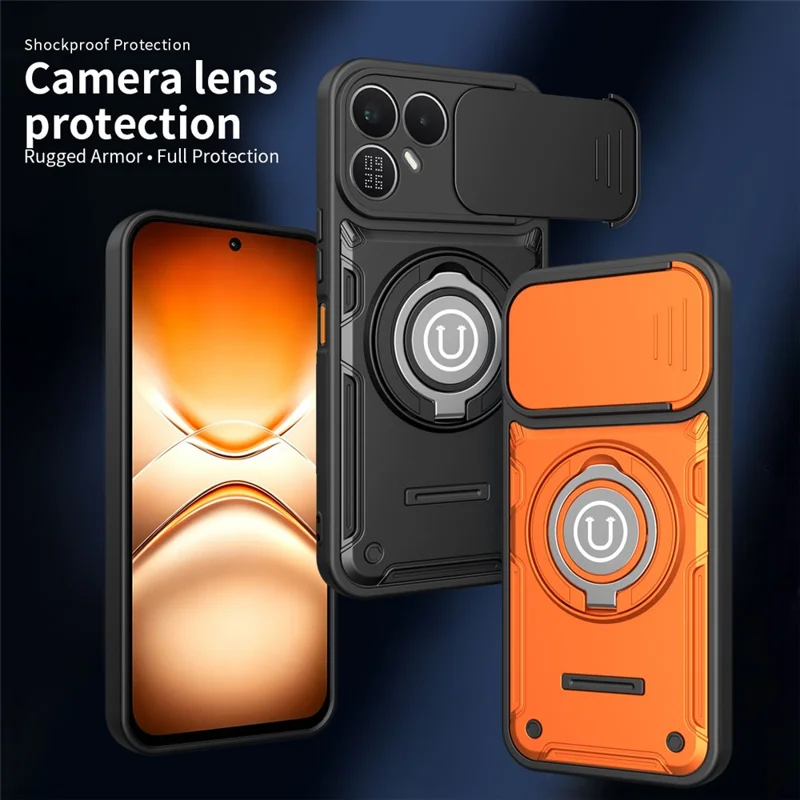 Чехол для TECNO Pova 8 5G с выдвижной крышкой камеры, кольцом-подставкой, корпусом из поликарбоната и ТПУ — Оранжевый
