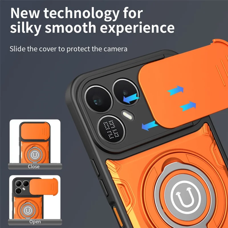 Чехол для TECNO Pova 8 5G с выдвижной крышкой камеры, кольцом-подставкой, корпусом из поликарбоната и ТПУ — Оранжевый