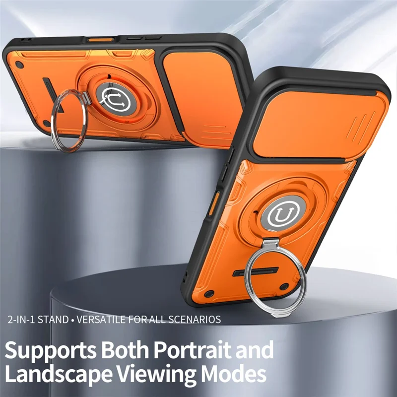 Чехол для TECNO Pova 8 5G с выдвижной крышкой камеры, кольцом-подставкой, корпусом из поликарбоната и ТПУ — Оранжевый