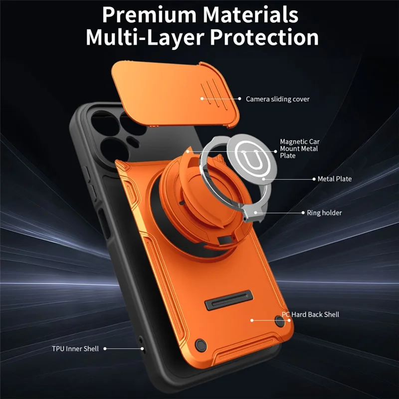 Чехол для TECNO Pova 8 5G с выдвижной крышкой камеры, кольцом-подставкой, корпусом из поликарбоната и ТПУ — Оранжевый