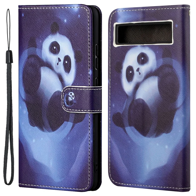 For Google Pixel 7a PU Leather Flip 3D Pattern Printing Phone Case Cross Texture Magnetic Closure Stand Folio Cover - Panda