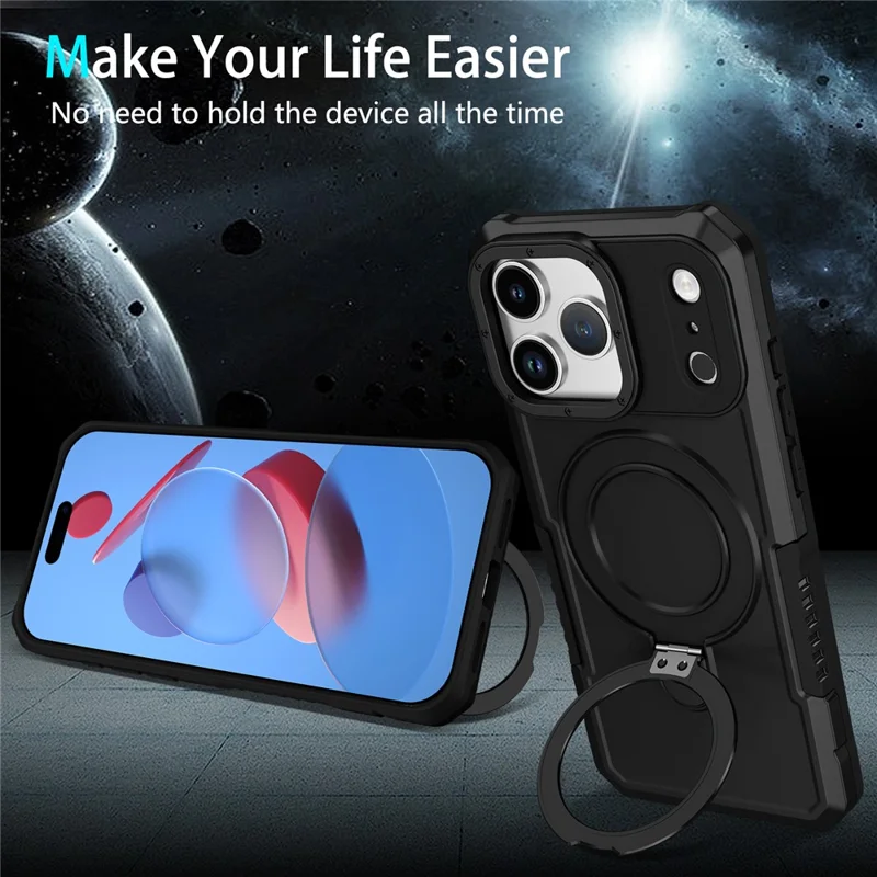 For iPhone 17 Pro Max Case Foldable Kickstand PC + TPU Phone Protective Cover - Black