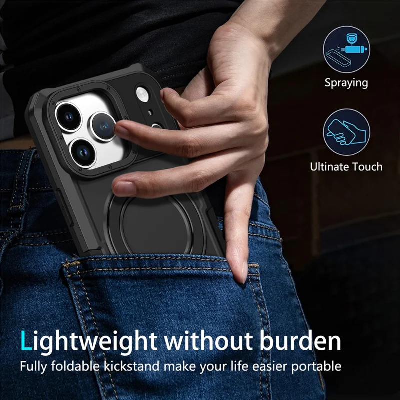 For iPhone 17 Pro Max Case Foldable Kickstand PC + TPU Phone Protective Cover - Black