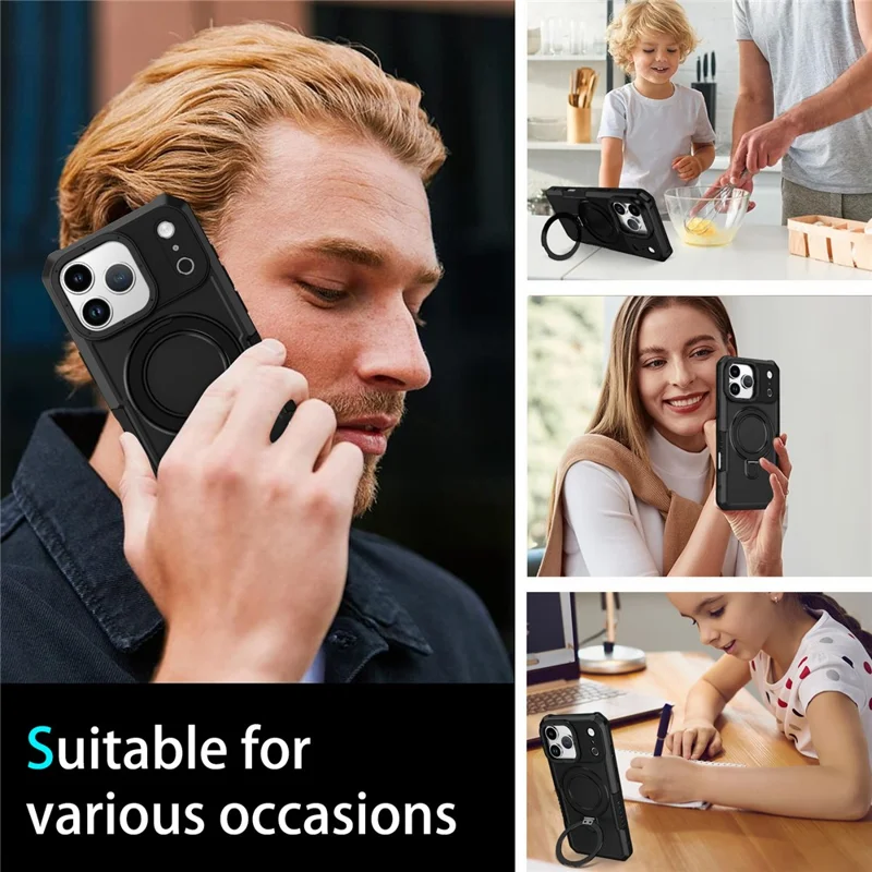 For iPhone 17 Pro Max Case Foldable Kickstand PC + TPU Phone Protective Cover - Black