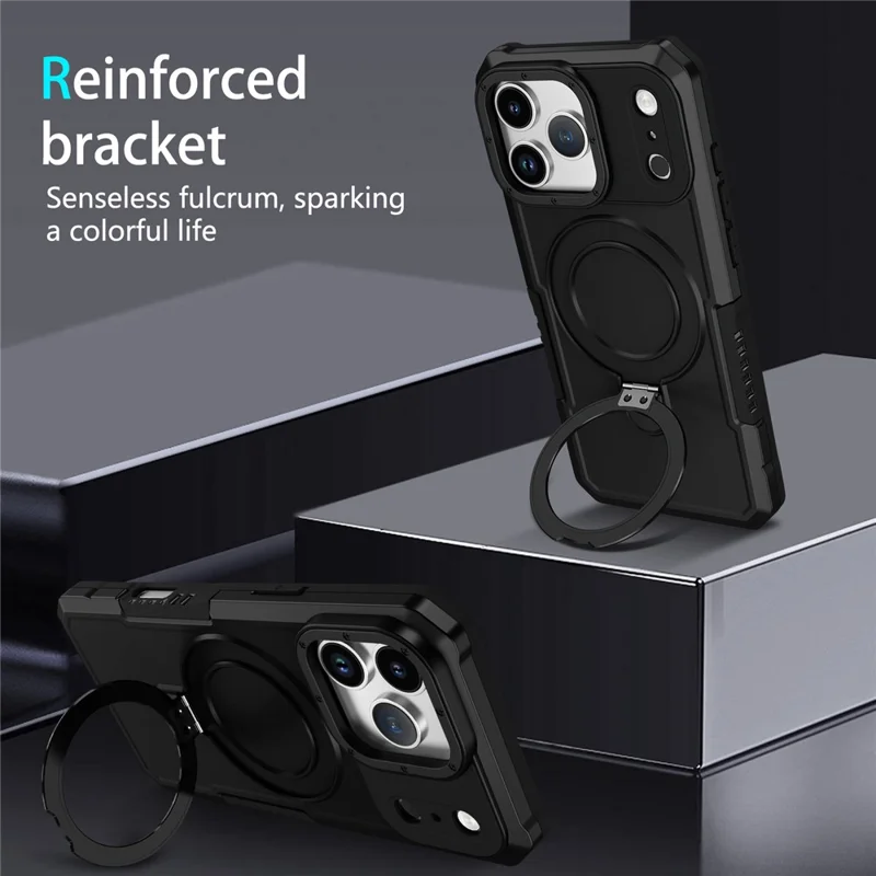 For iPhone 17 Pro Case Foldable Kickstand PC + TPU Phone Protective Cover - Black