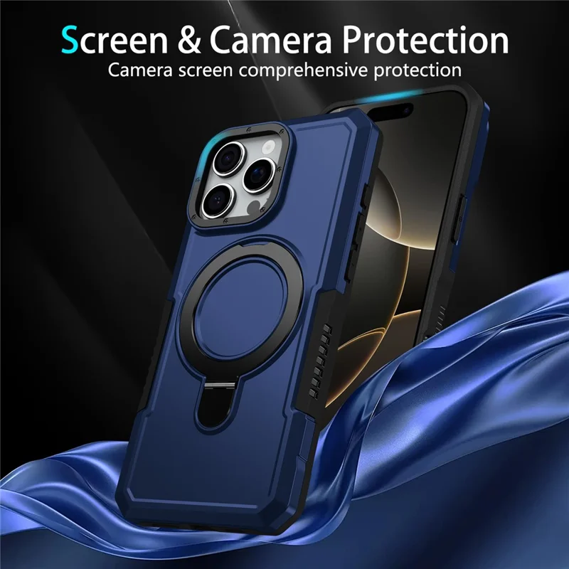 For iPhone 16 Pro Case Foldable Kickstand PC + TPU Phone Protective Cover - Sapphire