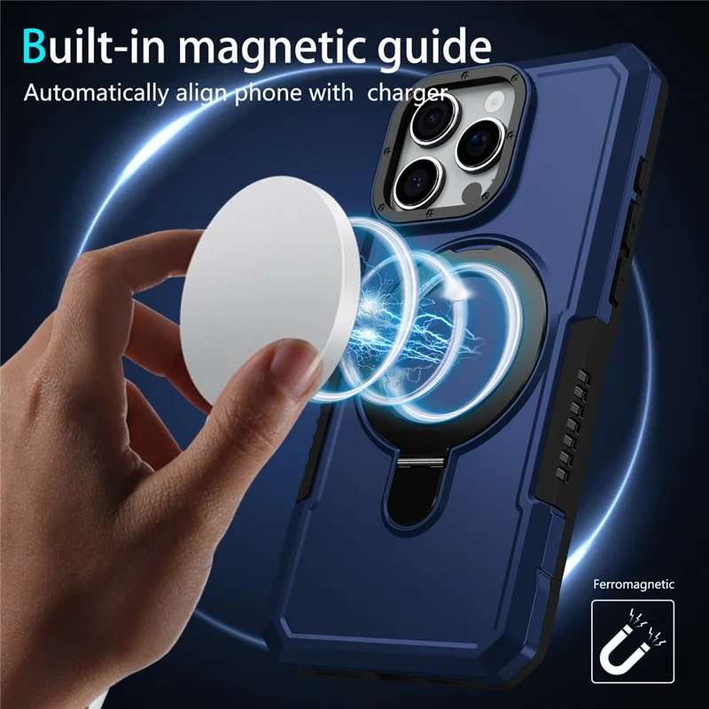 For iPhone 16 Pro Case Foldable Kickstand PC + TPU Phone Protective Cover - Sapphire