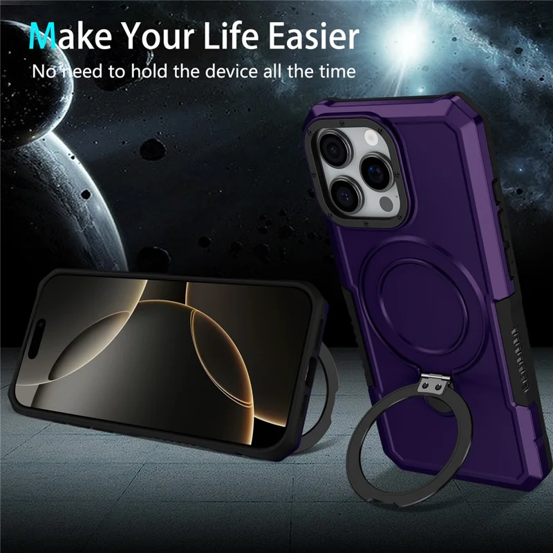 For iPhone 16 Pro Max Case Foldable Kickstand PC + TPU Phone Protective Cover - Dark Purple