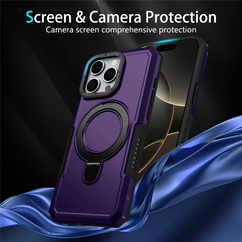 For iPhone 16 Pro Max Case Foldable Kickstand PC + TPU Phone Protective Cover - Dark Purple