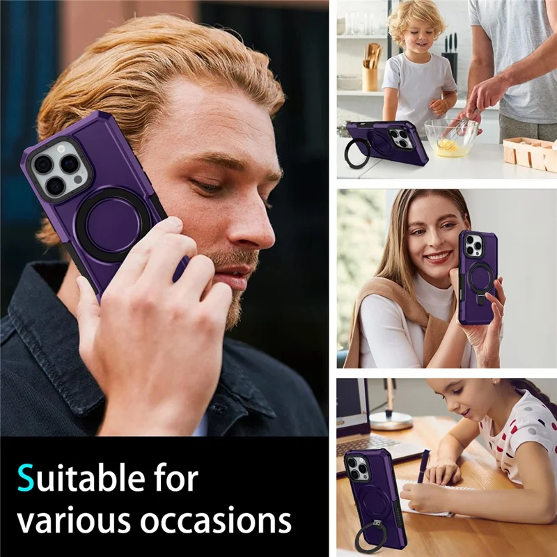 For iPhone 16 Pro Max Case Foldable Kickstand PC + TPU Phone Protective Cover - Dark Purple