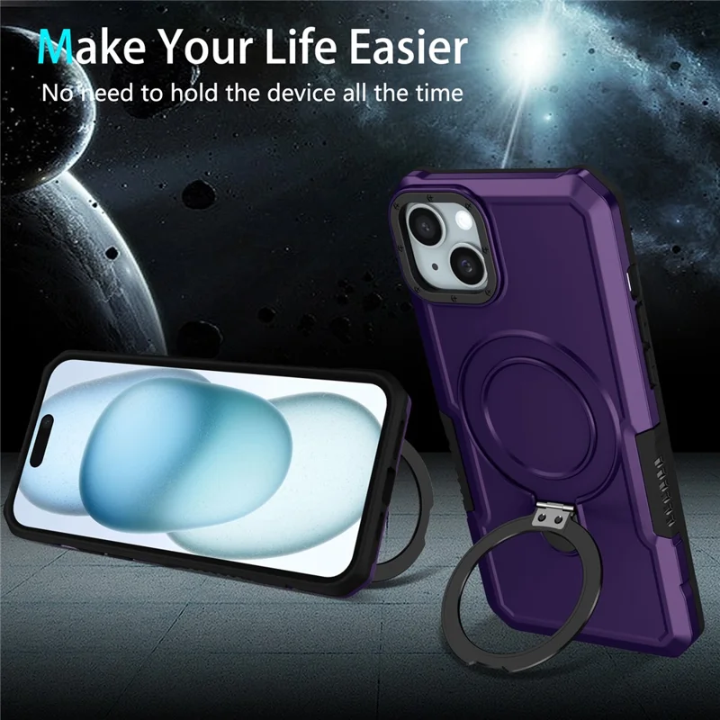 For iPhone 14 Case Foldable Kickstand PC + TPU Phone Protective Cover - Dark Purple