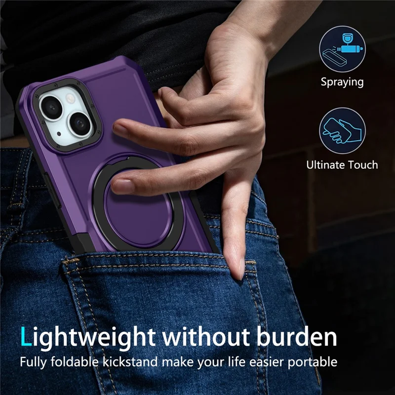 For iPhone 14 Case Foldable Kickstand PC + TPU Phone Protective Cover - Dark Purple