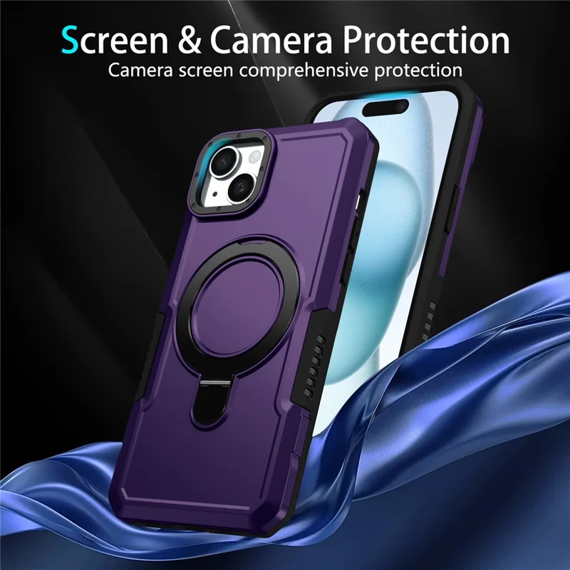 For iPhone 14 Case Foldable Kickstand PC + TPU Phone Protective Cover - Dark Purple