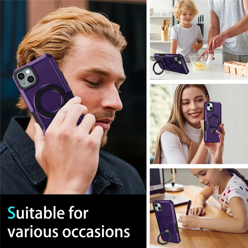 For iPhone 14 Case Foldable Kickstand PC + TPU Phone Protective Cover - Dark Purple