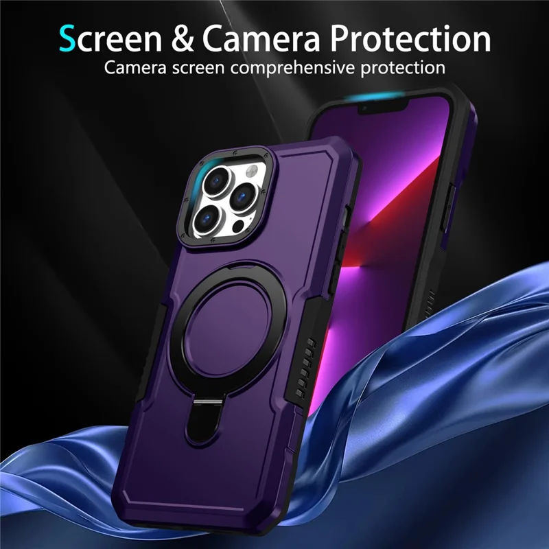 For iPhone 13 Pro Max Case Foldable Kickstand PC + TPU Phone Protective Cover - Dark Purple