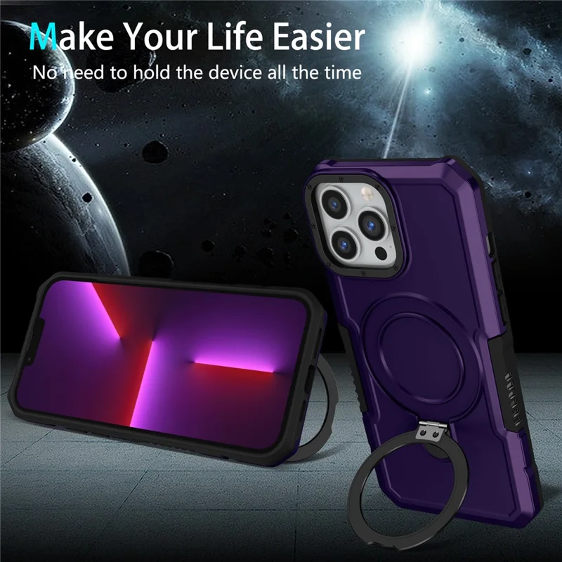 For iPhone 13 Pro Case Foldable Kickstand PC + TPU Phone Protective Cover - Dark Purple