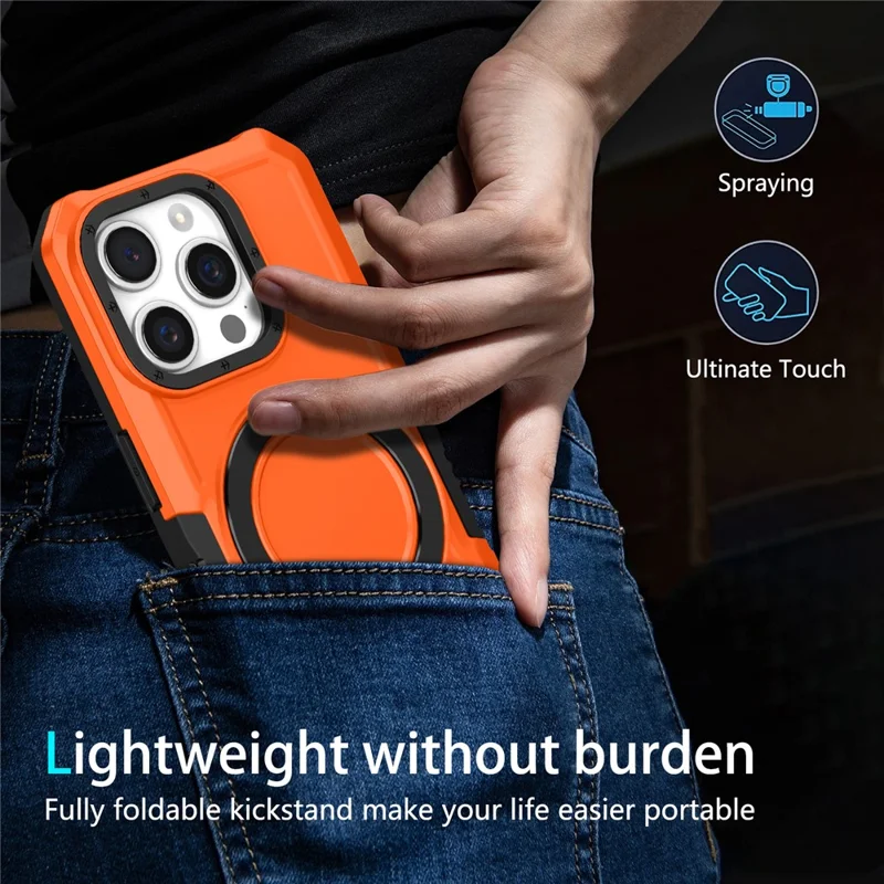 For iPhone 15 Pro Case Foldable Kickstand PC + TPU Phone Protective Cover - Orange