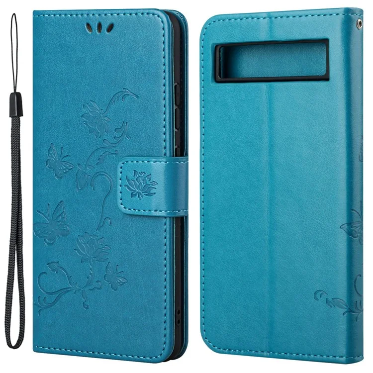 Para Google Pixel 7a Capa de Carteira de Couro PU com Borboleta e Flor Impressa, Fechamento Magnético, Suporte Flip e Alça - Azul
