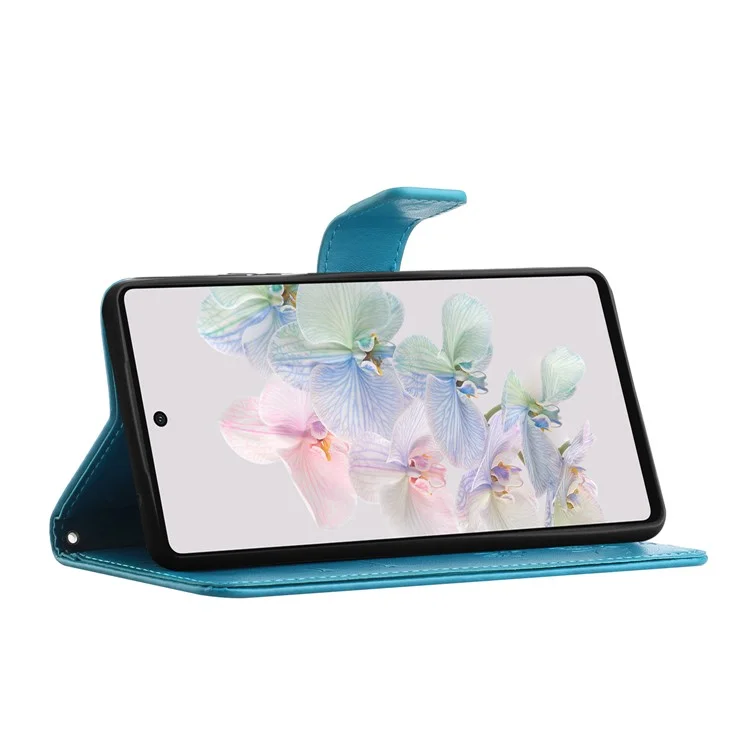 Para Google Pixel 7a Capa de Carteira de Couro PU com Borboleta e Flor Impressa, Fechamento Magnético, Suporte Flip e Alça - Azul