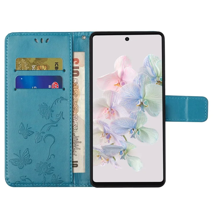 Para Google Pixel 7a Capa de Carteira de Couro PU com Borboleta e Flor Impressa, Fechamento Magnético, Suporte Flip e Alça - Azul
