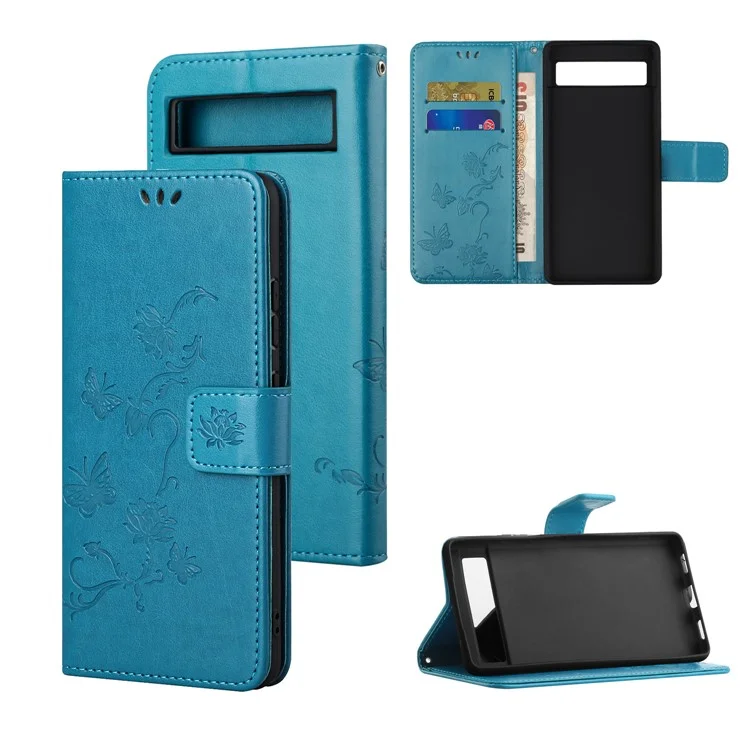 Para Google Pixel 7a Capa de Carteira de Couro PU com Borboleta e Flor Impressa, Fechamento Magnético, Suporte Flip e Alça - Azul