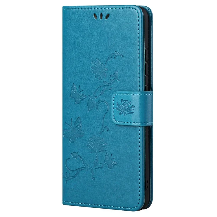 Para Google Pixel 7a Capa de Carteira de Couro PU com Borboleta e Flor Impressa, Fechamento Magnético, Suporte Flip e Alça - Azul