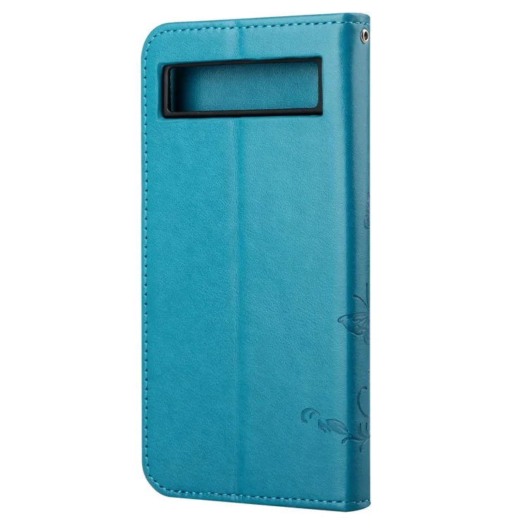 Para Google Pixel 7a Capa de Carteira de Couro PU com Borboleta e Flor Impressa, Fechamento Magnético, Suporte Flip e Alça - Azul