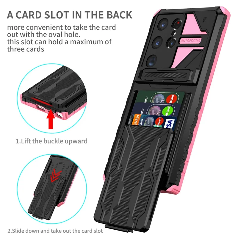 For Samsung Galaxy S24 Ultra Case with Card Holder PC + TPU Phone Back Cover Kickstand - Pink