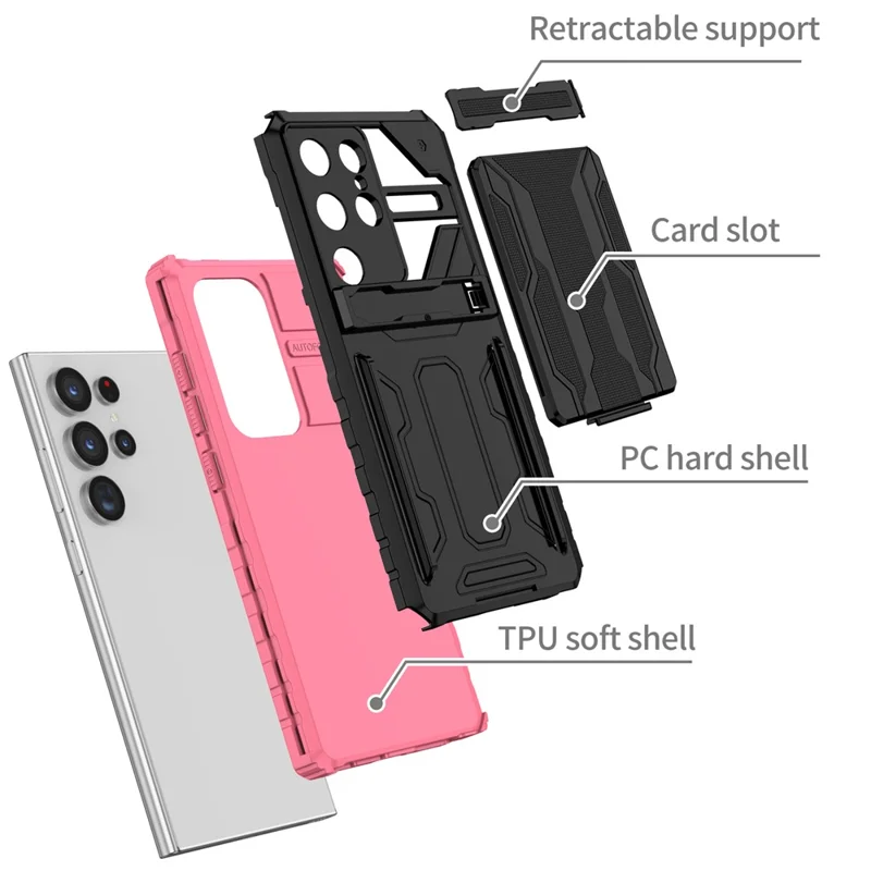 For Samsung Galaxy S24 Ultra Case with Card Holder PC + TPU Phone Back Cover Kickstand - Pink