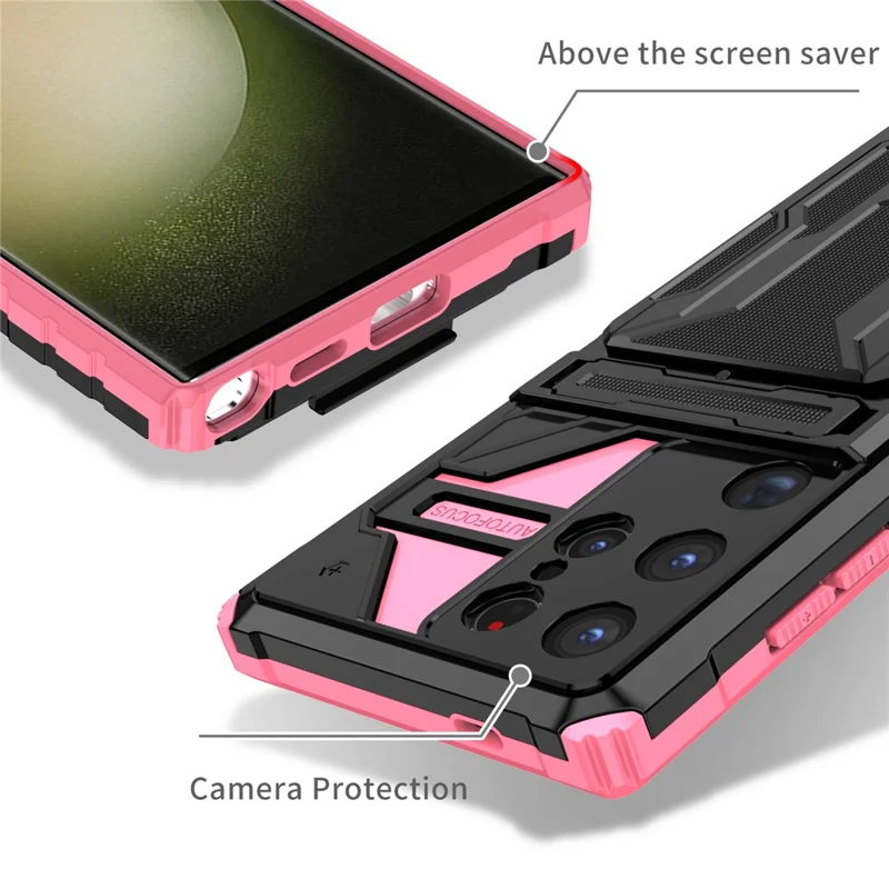 For Samsung Galaxy S24 Ultra Case with Card Holder PC + TPU Phone Back Cover Kickstand - Pink