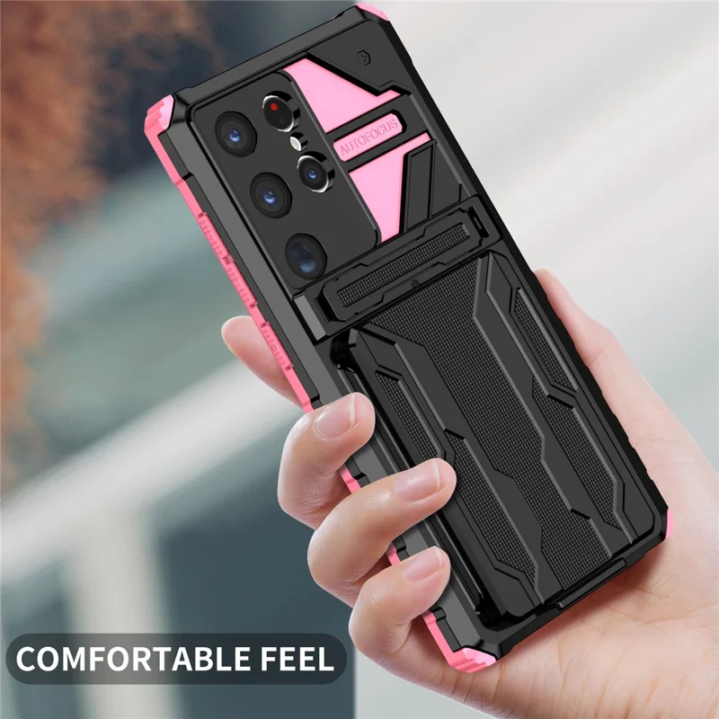 For Samsung Galaxy S24 Ultra Case with Card Holder PC + TPU Phone Back Cover Kickstand - Pink