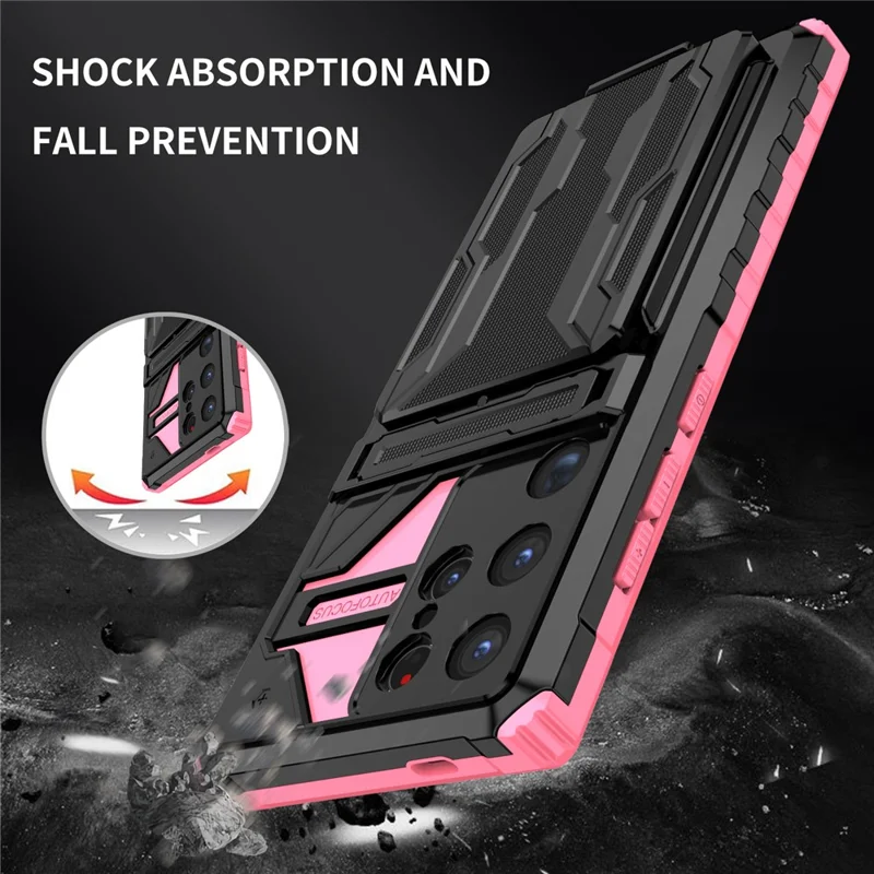 For Samsung Galaxy S24 Ultra Case with Card Holder PC + TPU Phone Back Cover Kickstand - Pink