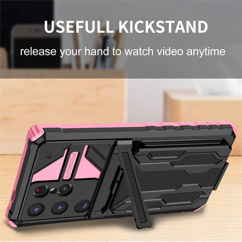 For Samsung Galaxy S24 Ultra Case with Card Holder PC + TPU Phone Back Cover Kickstand - Pink