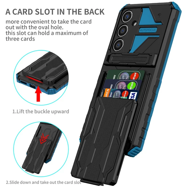 For Samsung Galaxy S24 FE Case with Card Holder PC + TPU Phone Back Cover Kickstand - Blue