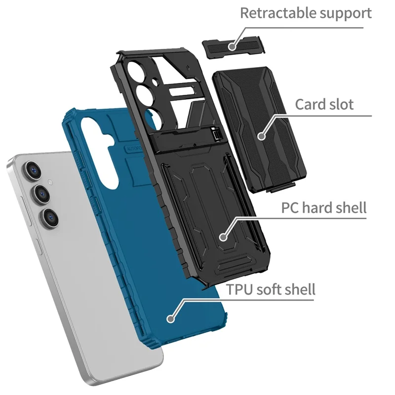 For Samsung Galaxy S24 FE Case with Card Holder PC + TPU Phone Back Cover Kickstand - Blue