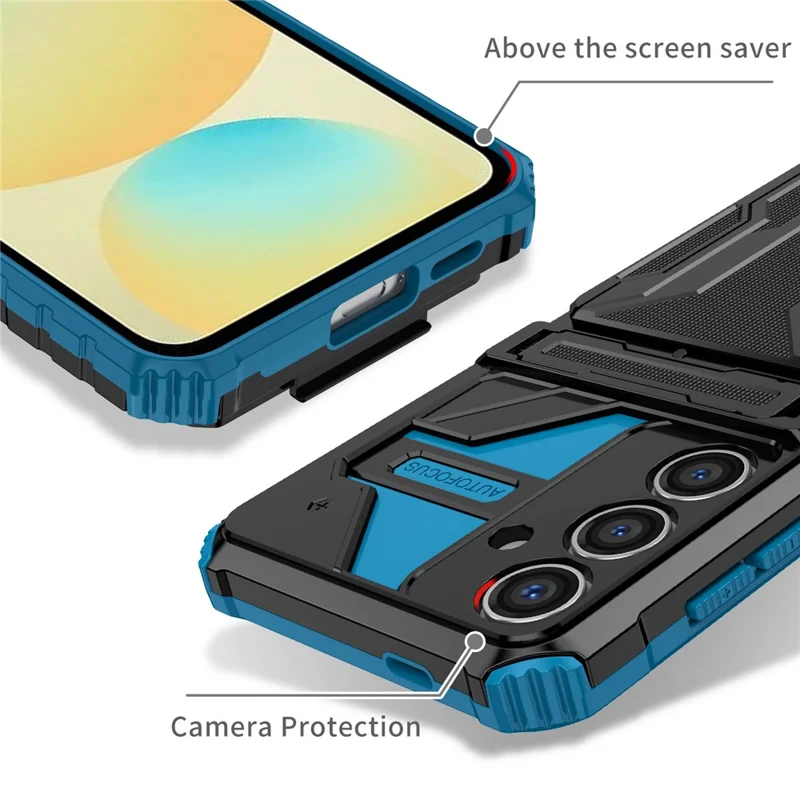 For Samsung Galaxy S24 FE Case with Card Holder PC + TPU Phone Back Cover Kickstand - Blue