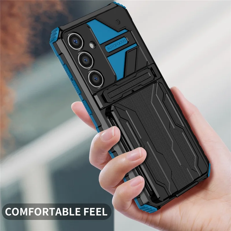 For Samsung Galaxy S24 FE Case with Card Holder PC + TPU Phone Back Cover Kickstand - Blue