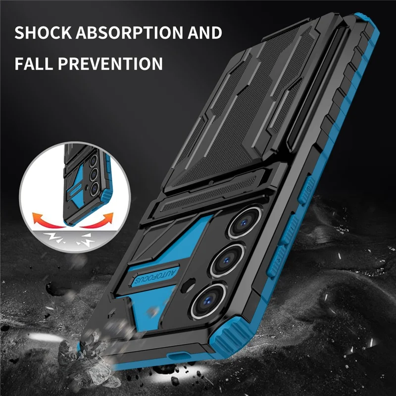 For Samsung Galaxy S24 FE Case with Card Holder PC + TPU Phone Back Cover Kickstand - Blue