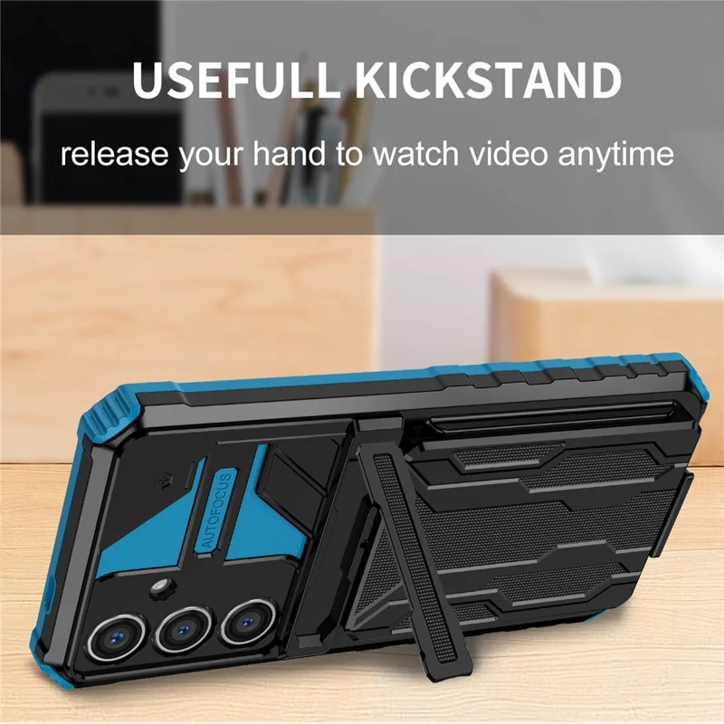 For Samsung Galaxy S24 FE Case with Card Holder PC + TPU Phone Back Cover Kickstand - Blue