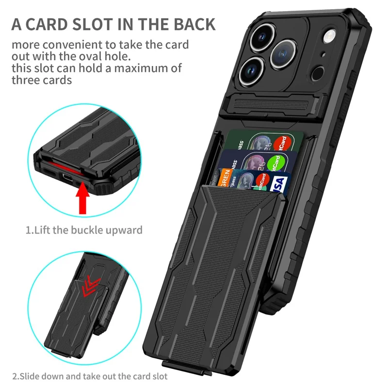 For iPhone 17 Pro Case with Card Holder PC + TPU Phone Back Cover Kickstand - Black