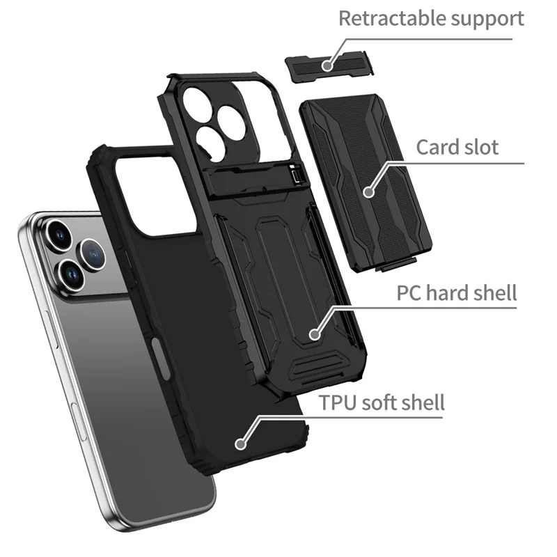 For iPhone 17 Pro Case with Card Holder PC + TPU Phone Back Cover Kickstand - Black