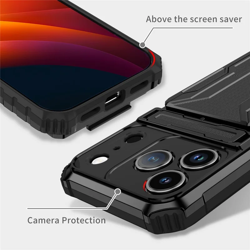 For iPhone 17 Pro Case with Card Holder PC + TPU Phone Back Cover Kickstand - Black
