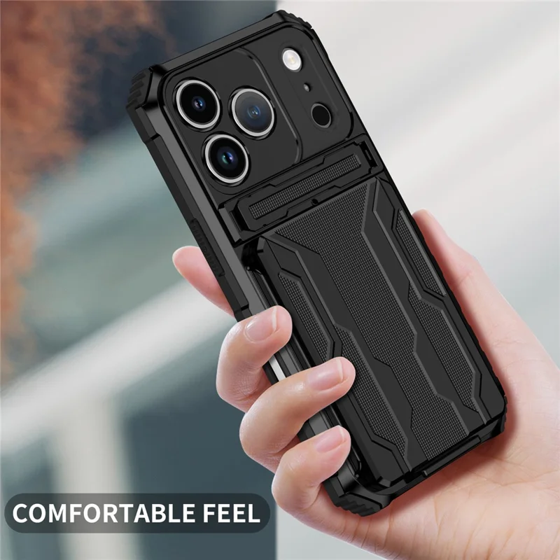 For iPhone 17 Pro Case with Card Holder PC + TPU Phone Back Cover Kickstand - Black