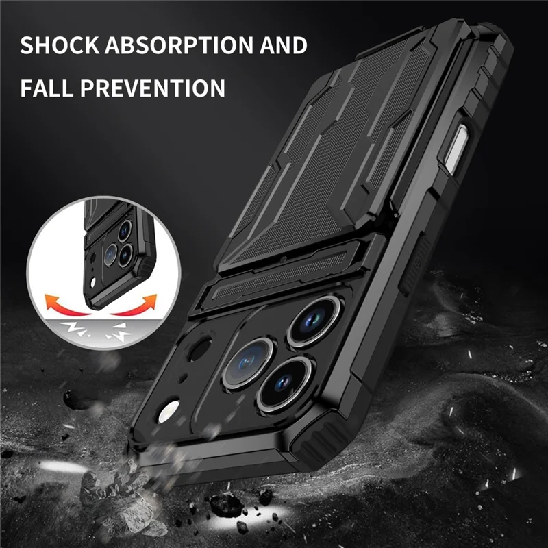 For iPhone 17 Pro Case with Card Holder PC + TPU Phone Back Cover Kickstand - Black