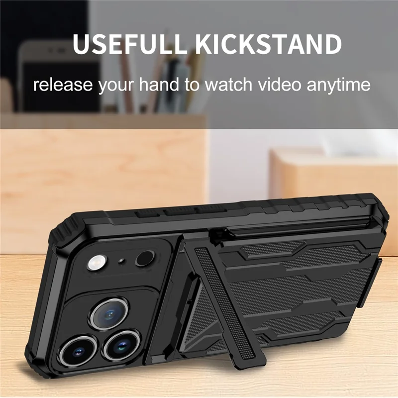 For iPhone 17 Pro Case with Card Holder PC + TPU Phone Back Cover Kickstand - Black