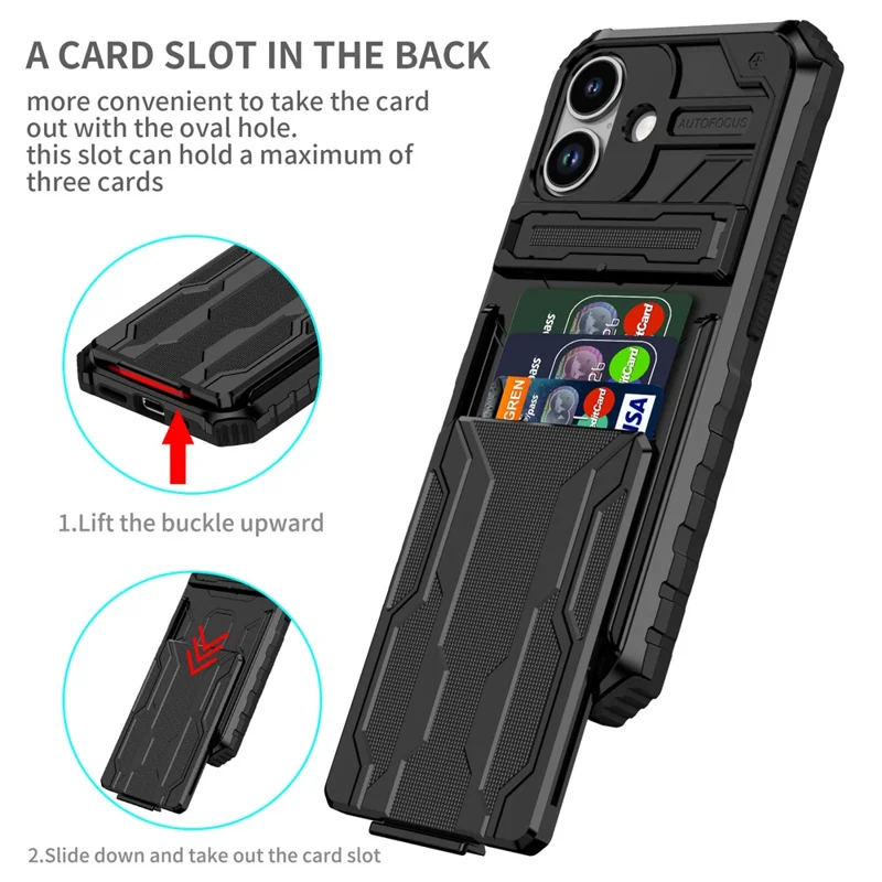 For iPhone 17 Case with Card Holder PC + TPU Phone Back Cover Kickstand - Black