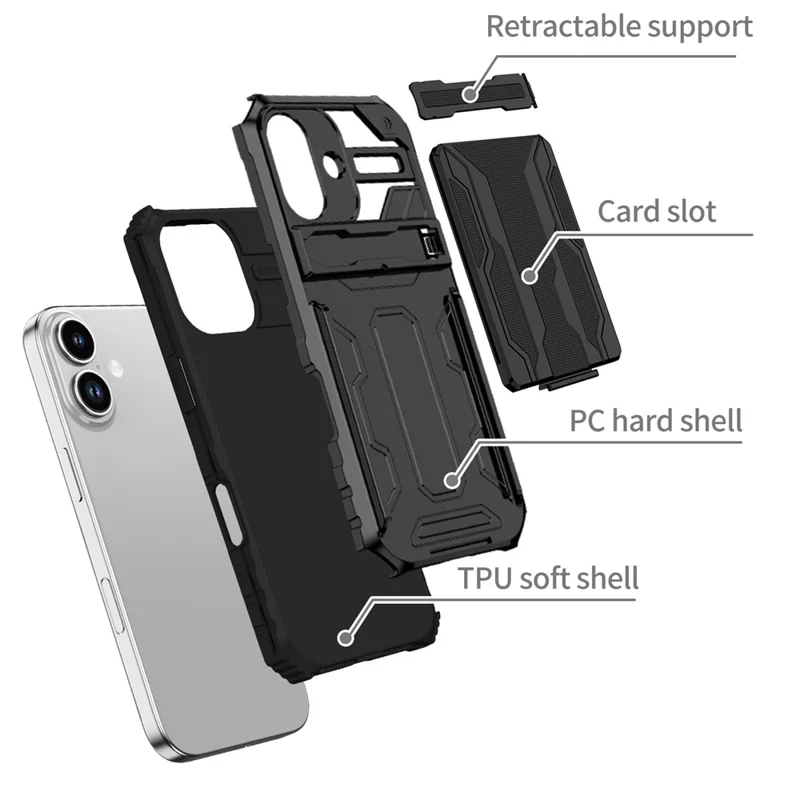 For iPhone 17 Case with Card Holder PC + TPU Phone Back Cover Kickstand - Black