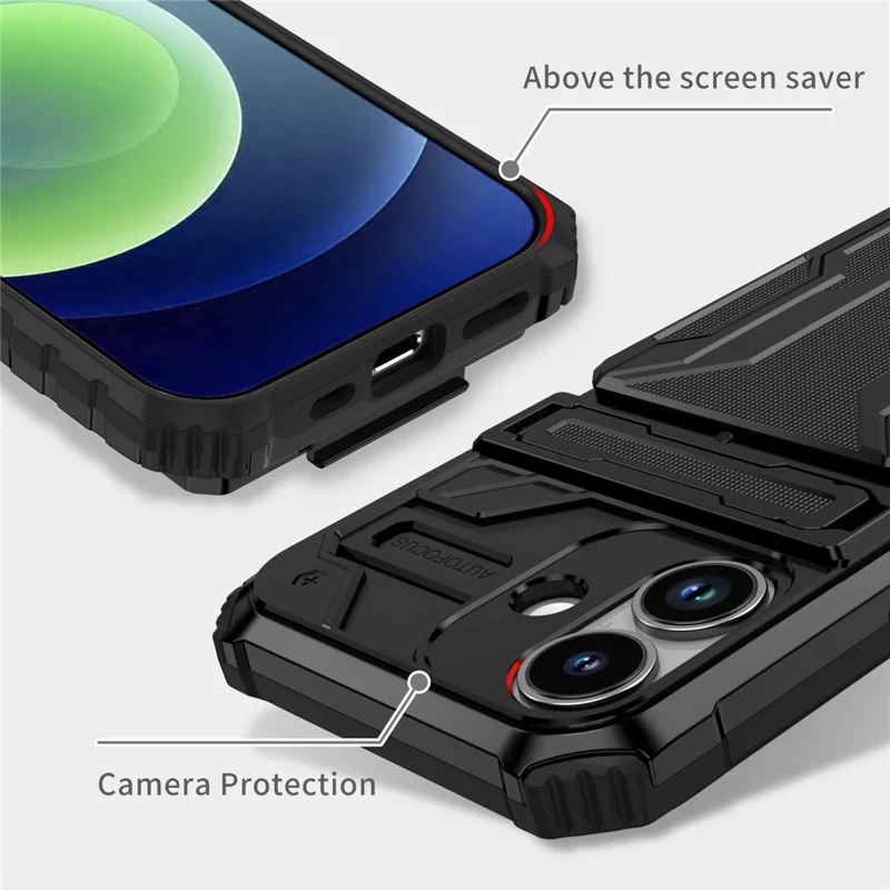 For iPhone 17 Case with Card Holder PC + TPU Phone Back Cover Kickstand - Black