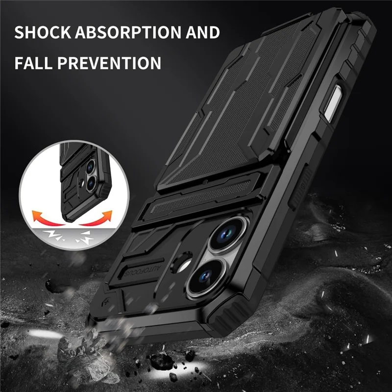 For iPhone 17 Case with Card Holder PC + TPU Phone Back Cover Kickstand - Black